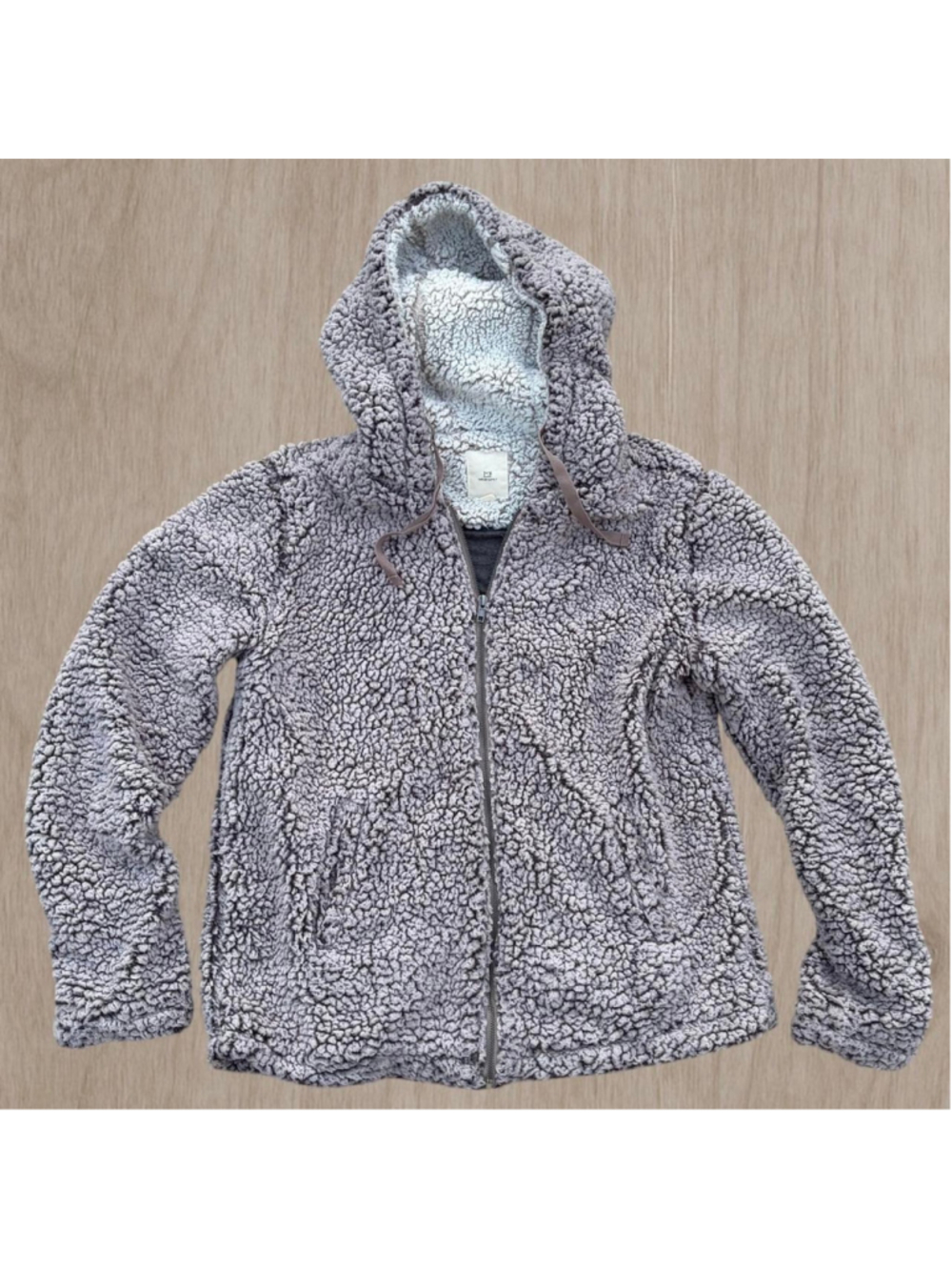 Sherpa Teddy Coat Grey Fleece Hooded Zip Up Jacket by Thread + Supply, Size M